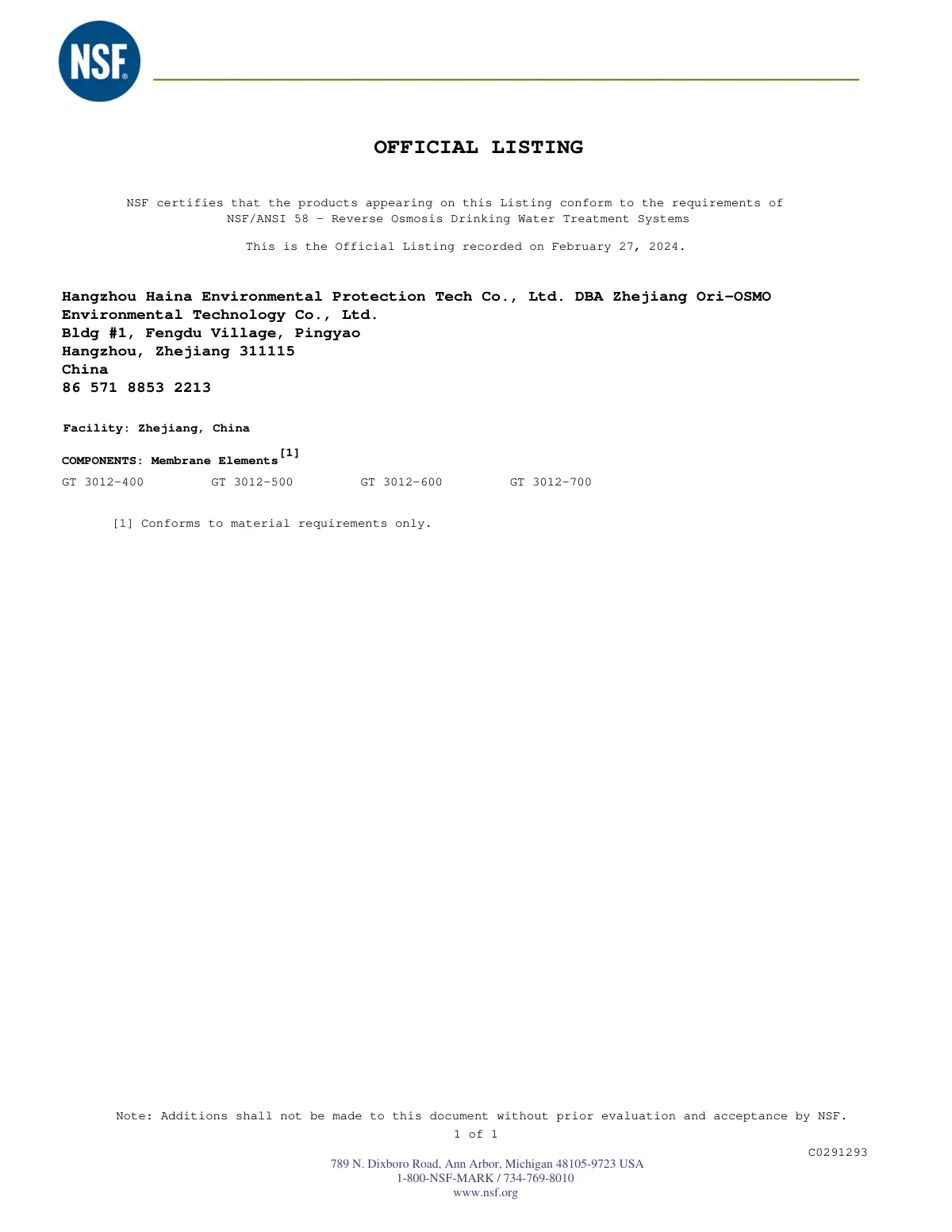 Haina NSF C0291293 - 058