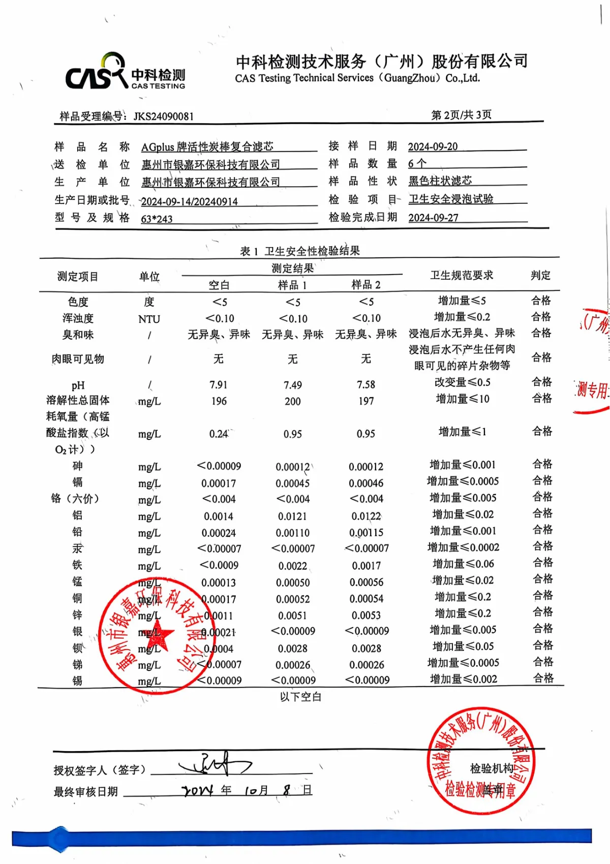 AGplus牌活性炭棒复合芯-检验报告 第6页